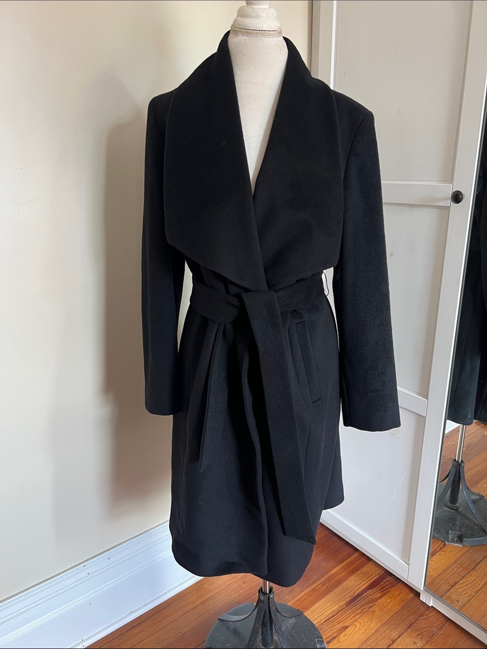 Cole Haan Signature Black Wool Blend Belted Wrap Coat Shawl Collar Size 12